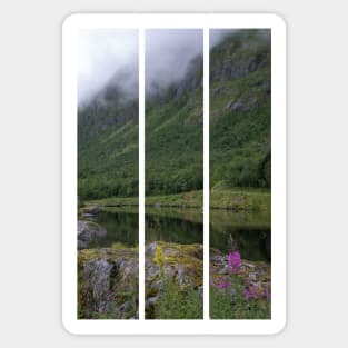 Wonderful landscapes in Norway. Senja, Nordland. Beautiful scenery of a valley with lupine flowers on the rocks. Mirror in the lake. Cloudy summer day. Fog and mountains in background (vertical) Sticker